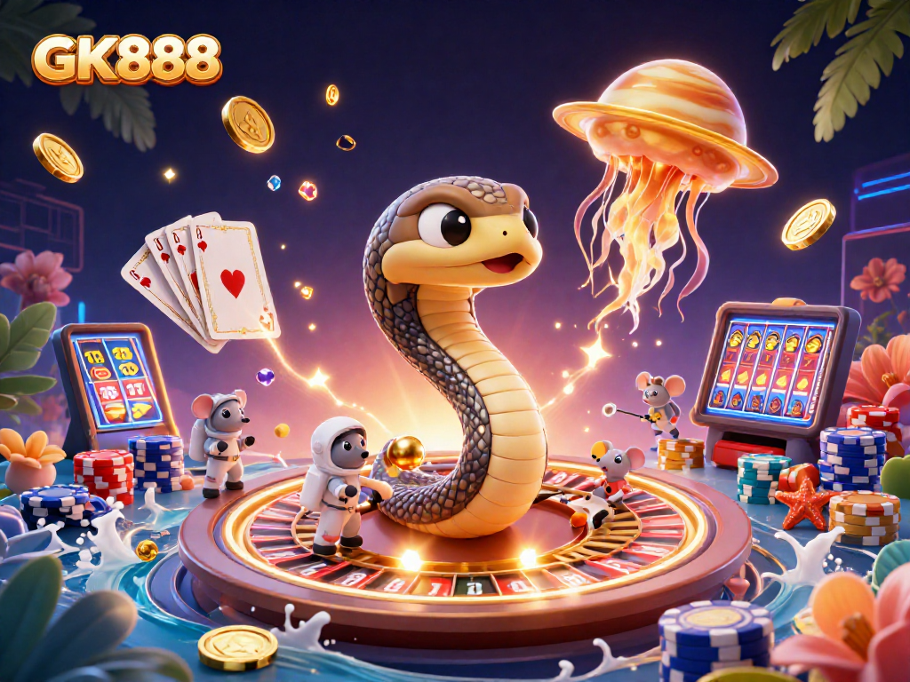 Experience the thrill of GK888 with a cosmic casino scene featuring cartoon characters and dynamic gaming elements.
