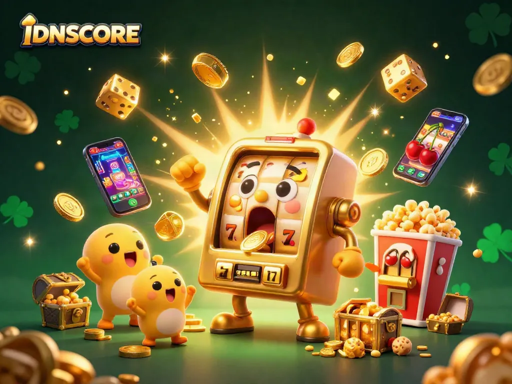 IDNSCORE showcases a thrilling jackpot scene with a celebrated slot machine amidst stunning casino elements.