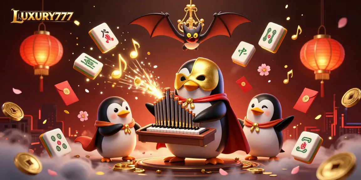 Ilustrasi LUXURY777 menunjukkan penguin kartun memainkan organ sambil mengeluarkan koin emas dalam suasana kasino yang ceria.