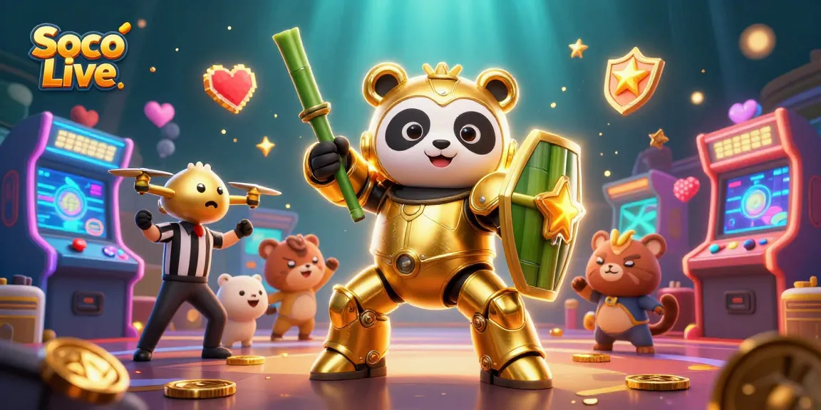 Soco Live showcases a vivid scene of a mech-suit panda battling in a colorful gaming arena filled with retro elements and casino aesthetics.