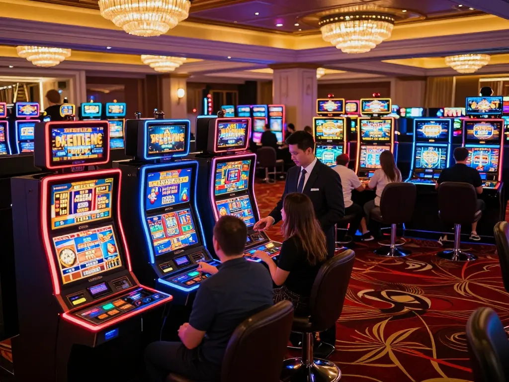 Engaging scene at fly88 com featuring players enjoying vibrant slot machines in a luxurious casino atmosphere.