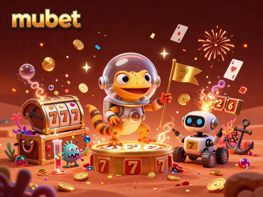 Experience exhilarating wins at mubet, featuring a Martian gecko celebrating beside a golden casino in a dynamic scene.