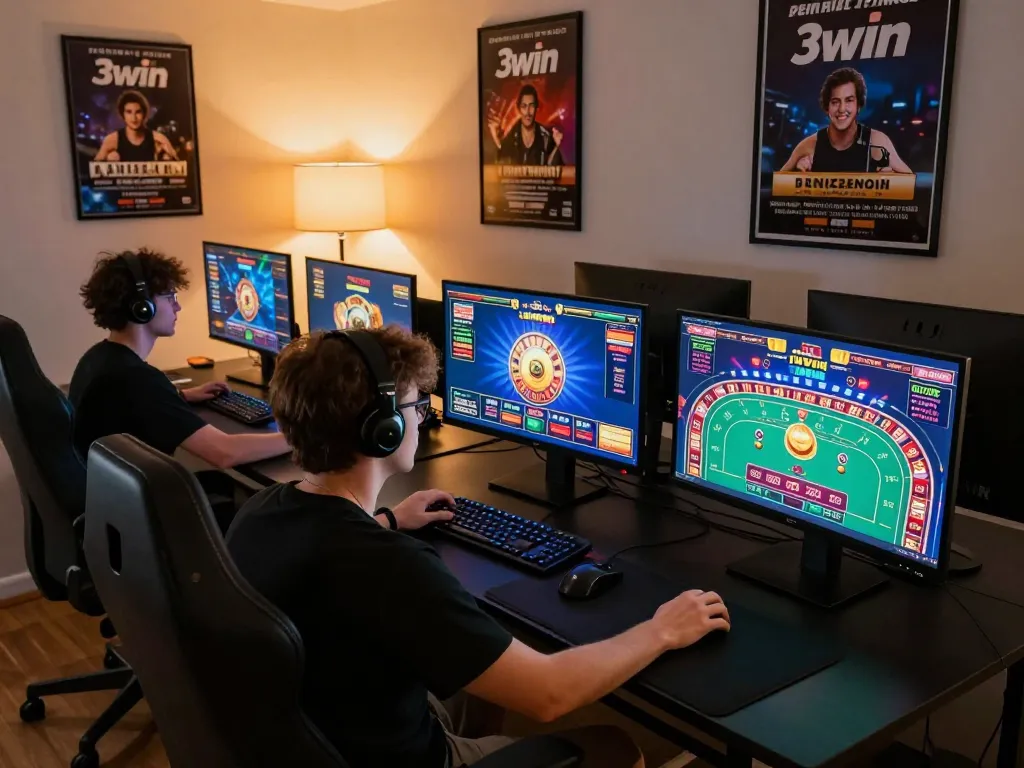 3win player engaged in online casino gameplay at a stylish gaming setup