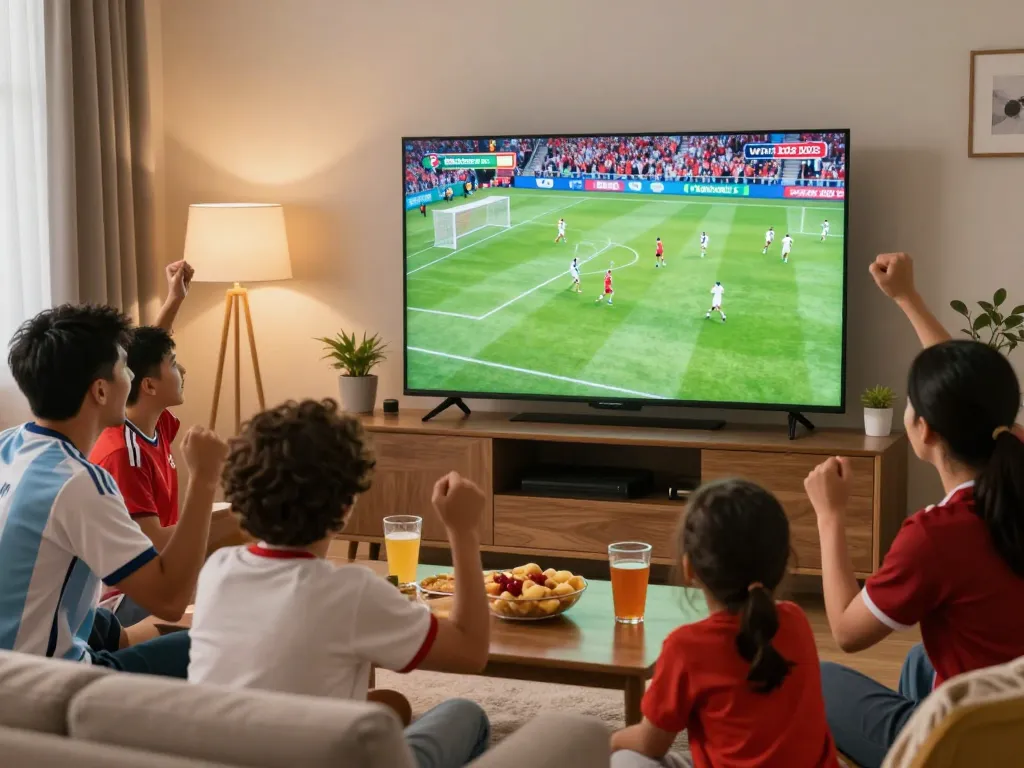 Fans celebrating a goal during World Cup 2026 live broadcast in a cozy home