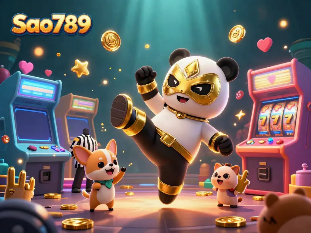 Sao789 engages viewers with a vibrant 3D illustration of a wrestling panda amidst casino-themed elements.
