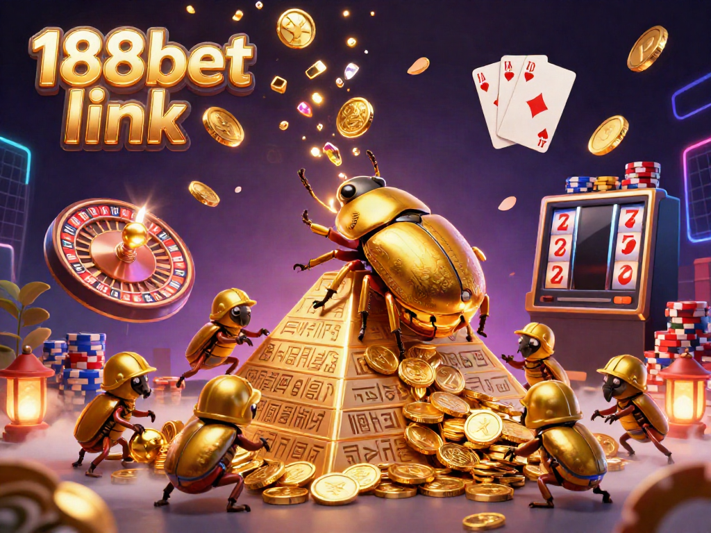 Cascade winnings with the 188bet link in a vibrant 3D illustration featuring a golden dung beetle and casino elements.