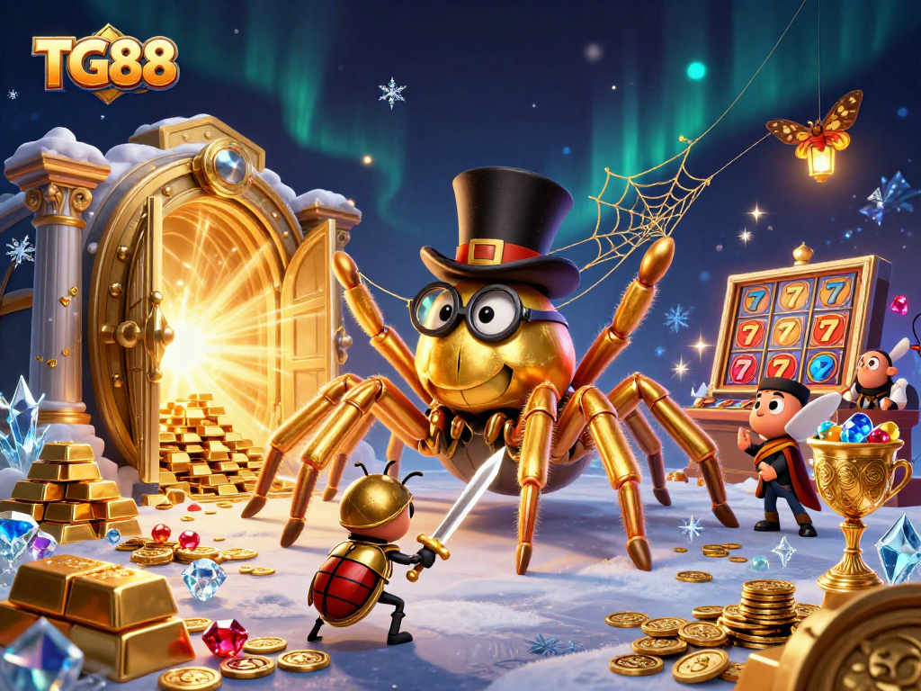 TG88 features a golden tarantula weaving a web in a vibrant casino scene, filled with treasures and excitement.