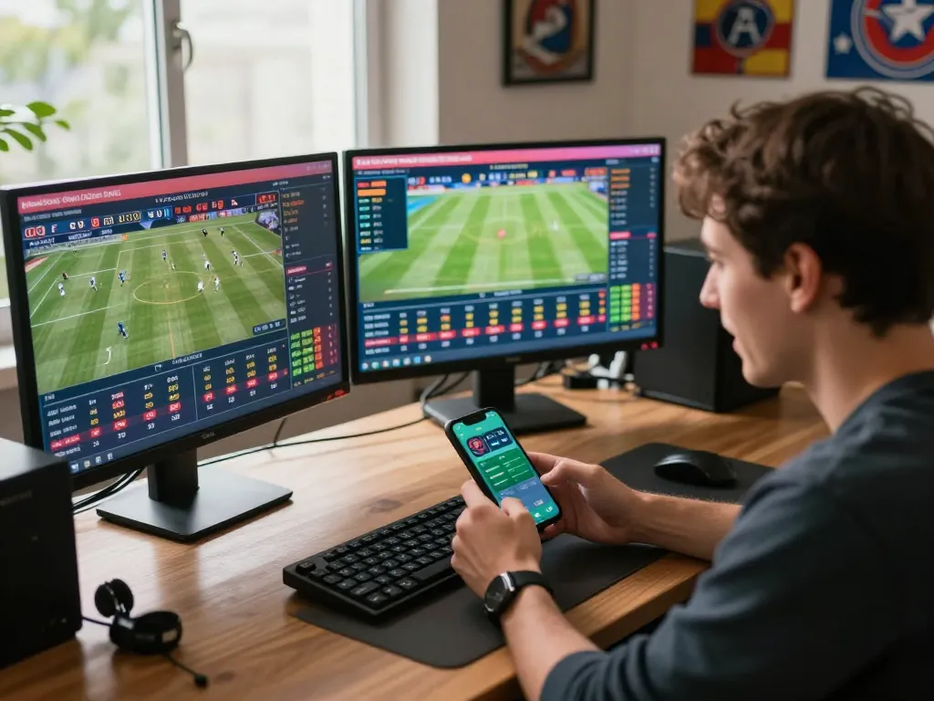 Engaging in real-time kèo nhà cái 8 betting strategies on multiple screens during a sports event.