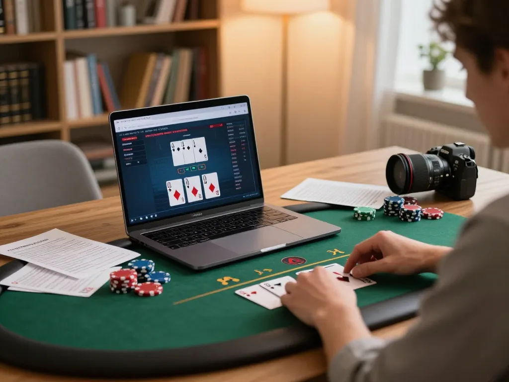 Engaging in online poker at the stylish home desk, showcasing https://f168.sarl/ on the laptop screen for strategic online gaming.