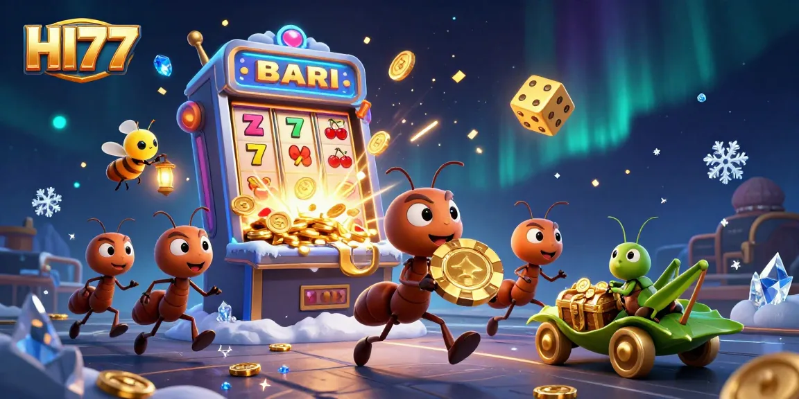 Win big at HI77 as cartoon ants escape with a giant poker chip amidst a casino jackpot scene.