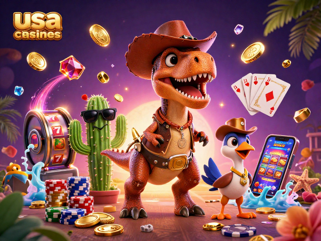 Experience thrilling usa online casinos with exciting T-Rex, cactus, and roadrunner characters amid vibrant gameplay elements.