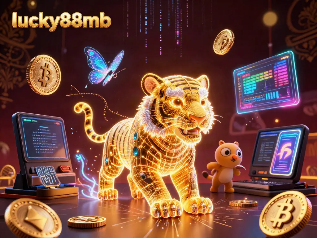Engage with the dynamic world of lucky88mb, featuring neon elements and a golden tiger in a digital casino.