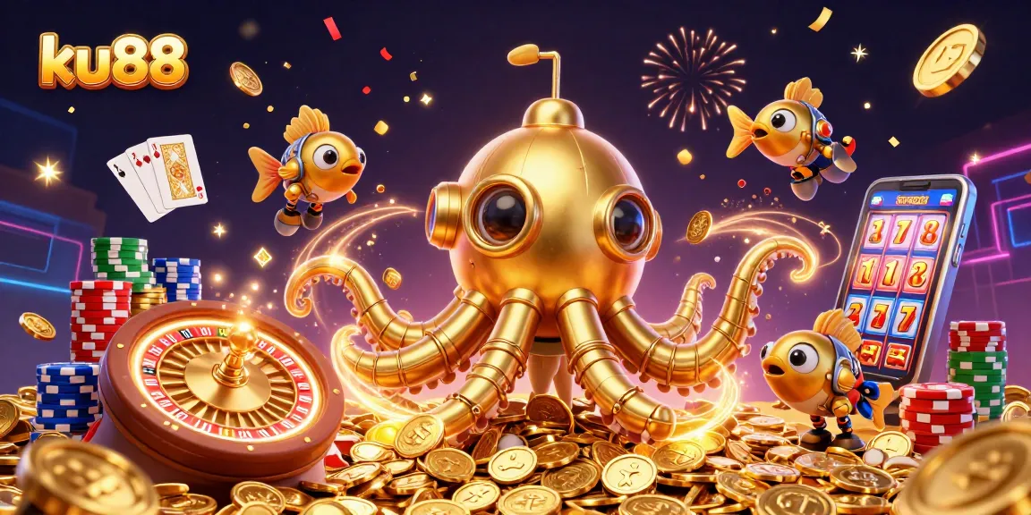 Experience thrilling gameplay at ku88 with a golden kraken submarine amid cascading coins and vibrant casino elements.