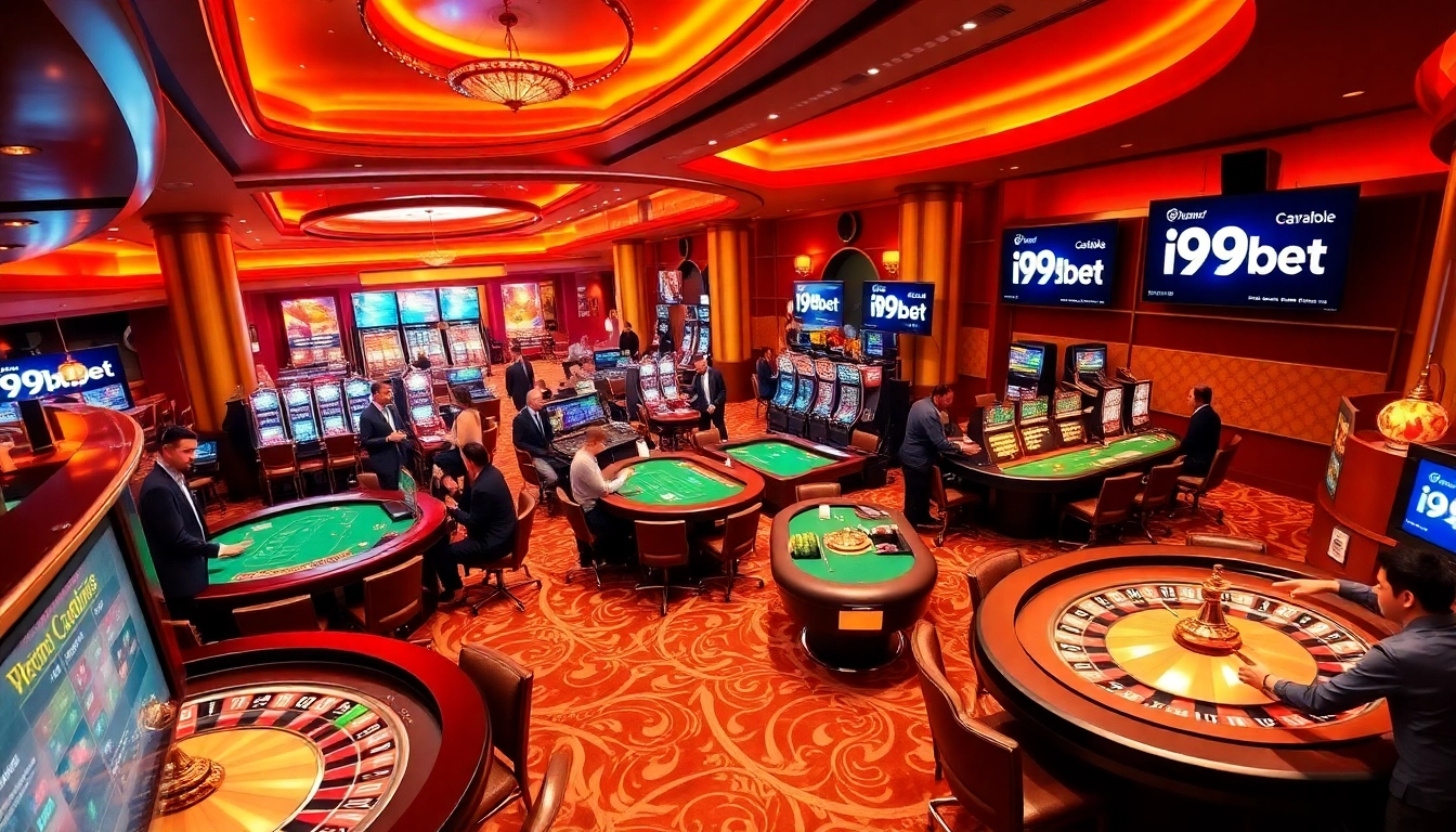 Eager players engaging in exciting games at i9bet casino, showcasing roulette and poker tables.