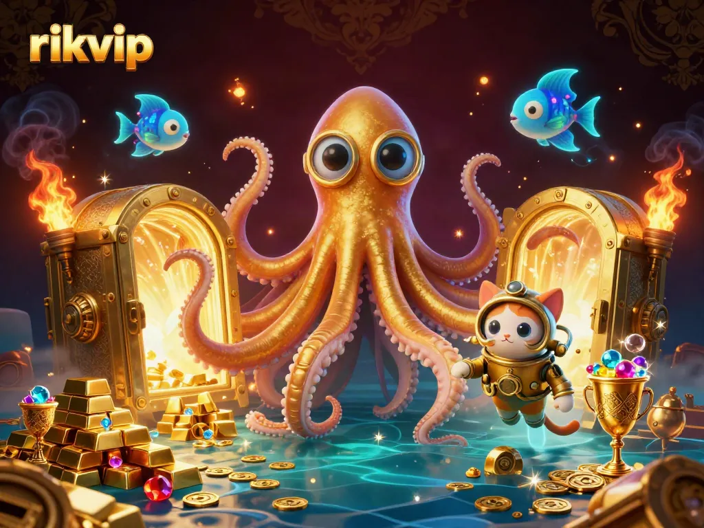 Engage in thrilling gameplay with rikvip at a vibrant treasure-filled scene featuring fantastical characters and casino riches.