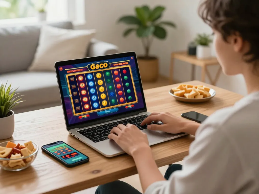 Player enjoying an online slot gaco game at home, laptop displaying colorful reels and symbols, cozy atmosphere.