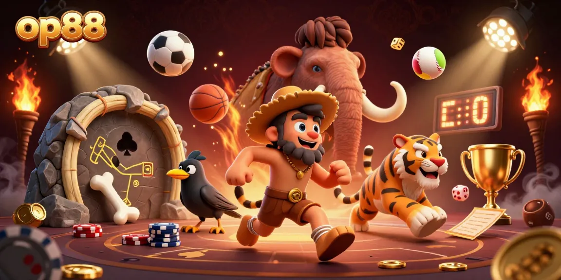 op88 offers exhilarating gameplay in a prehistoric casino themed setting with vibrant sports elements.