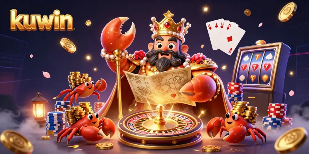 Kuwin online casino features a golden crab emperor and treasure-filled scene with casino elements.