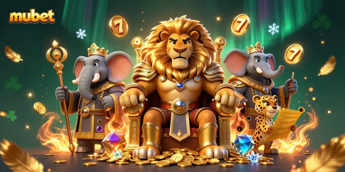 Engage with mubet's vibrant casino scene featuring a lion king with golden coins and thrilling slot elements.