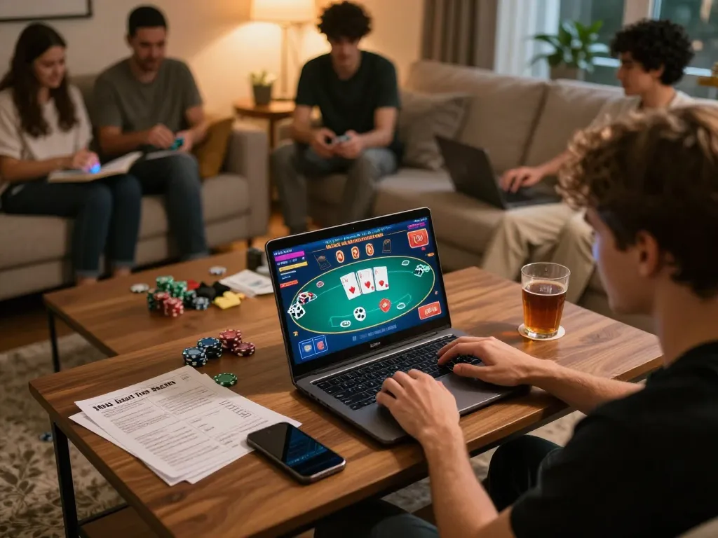 Player enjoying online poker at home using nk88 platform with strategy notes nearby