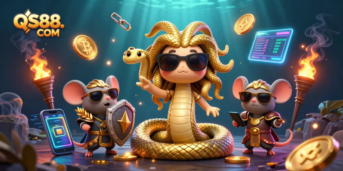 Experience the thrilling world of QS88. COM with an energetic 3D casino illustration featuring Medusa and vibrant crypto elements.