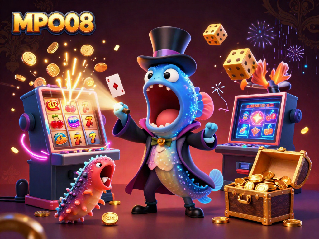 Engaging MPO08 casino illustration with dynamic characters performing tricks amidst a vibrant jackpot scene.