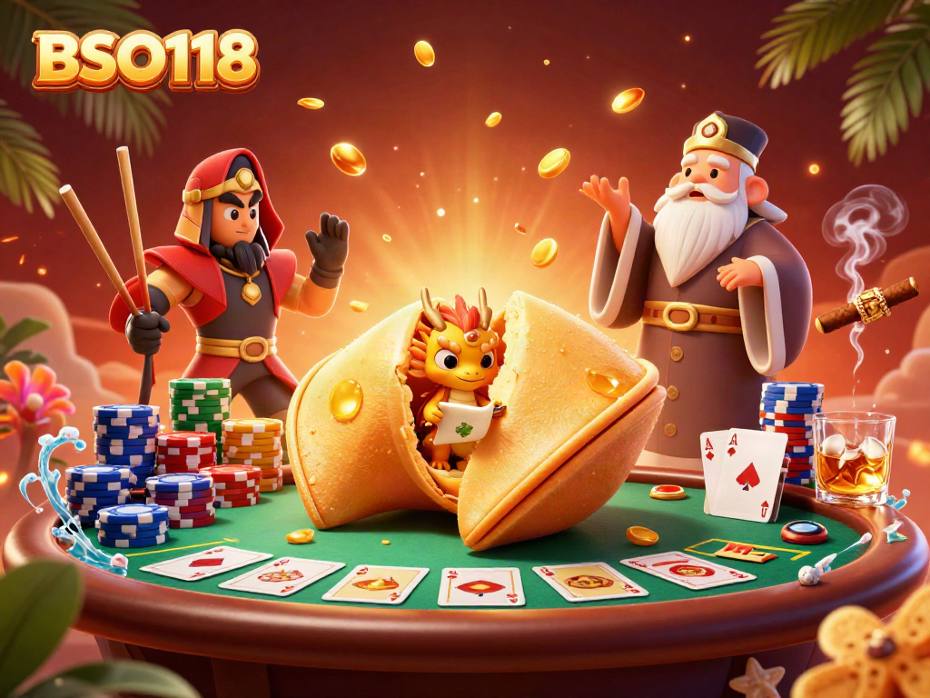 Experience the excitement of BSO118 with a golden fortune cookie dragon guarding poker elements in a vibrant casino scene.