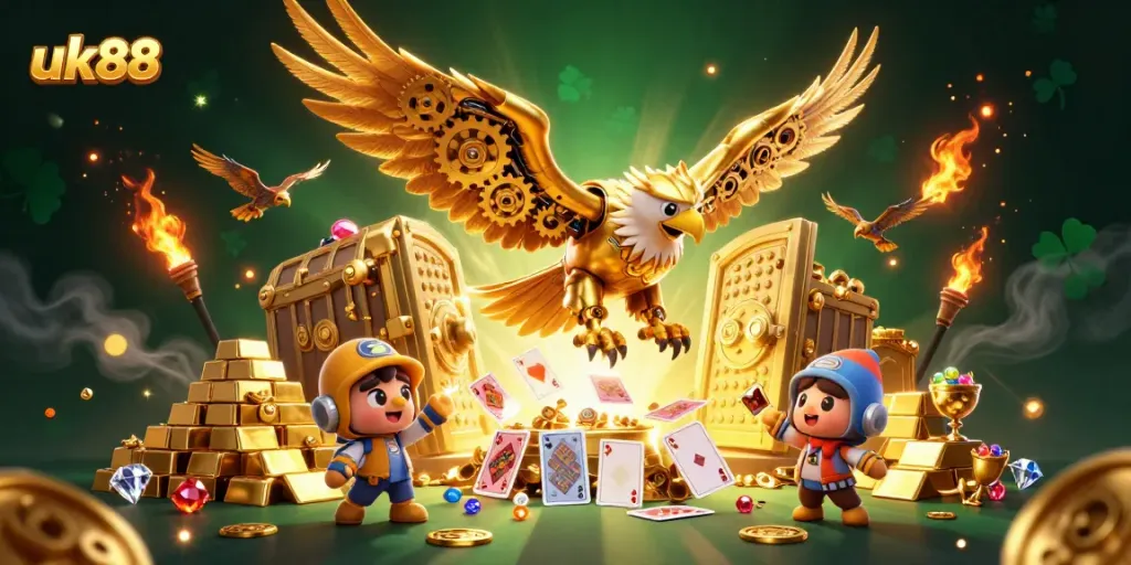 Experience excitement with uk88's immersive gaming world featuring a golden eagle soaring through holographic cards.