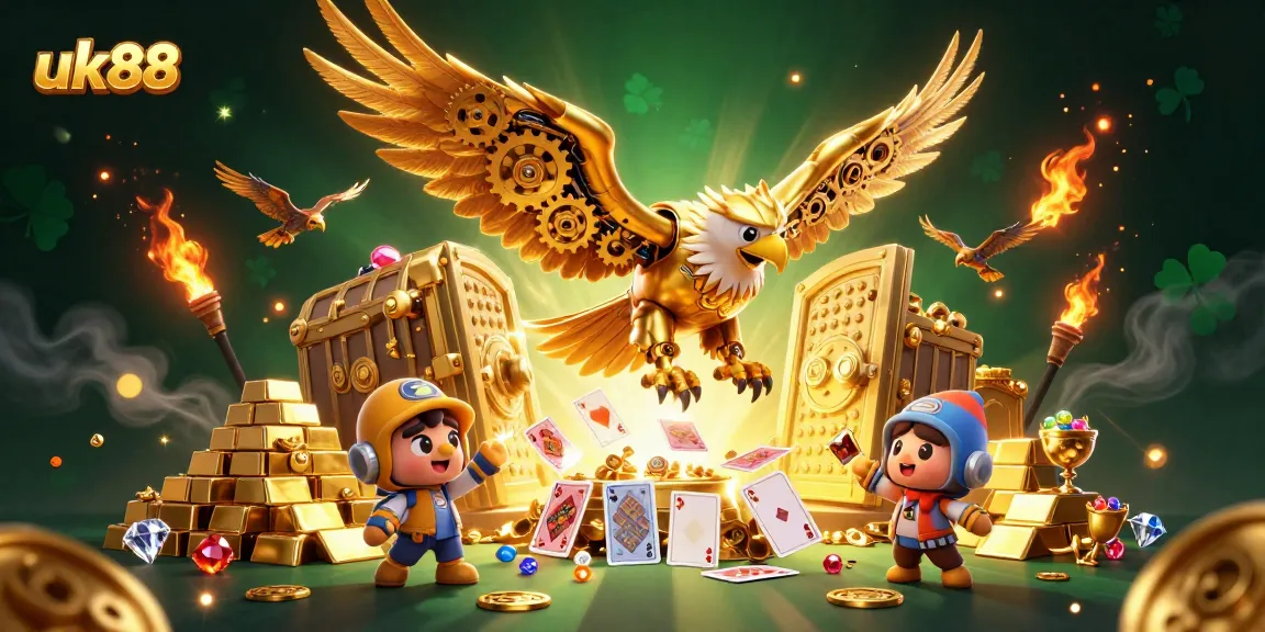 Experience excitement with uk88's immersive gaming world featuring a golden eagle soaring through holographic cards.