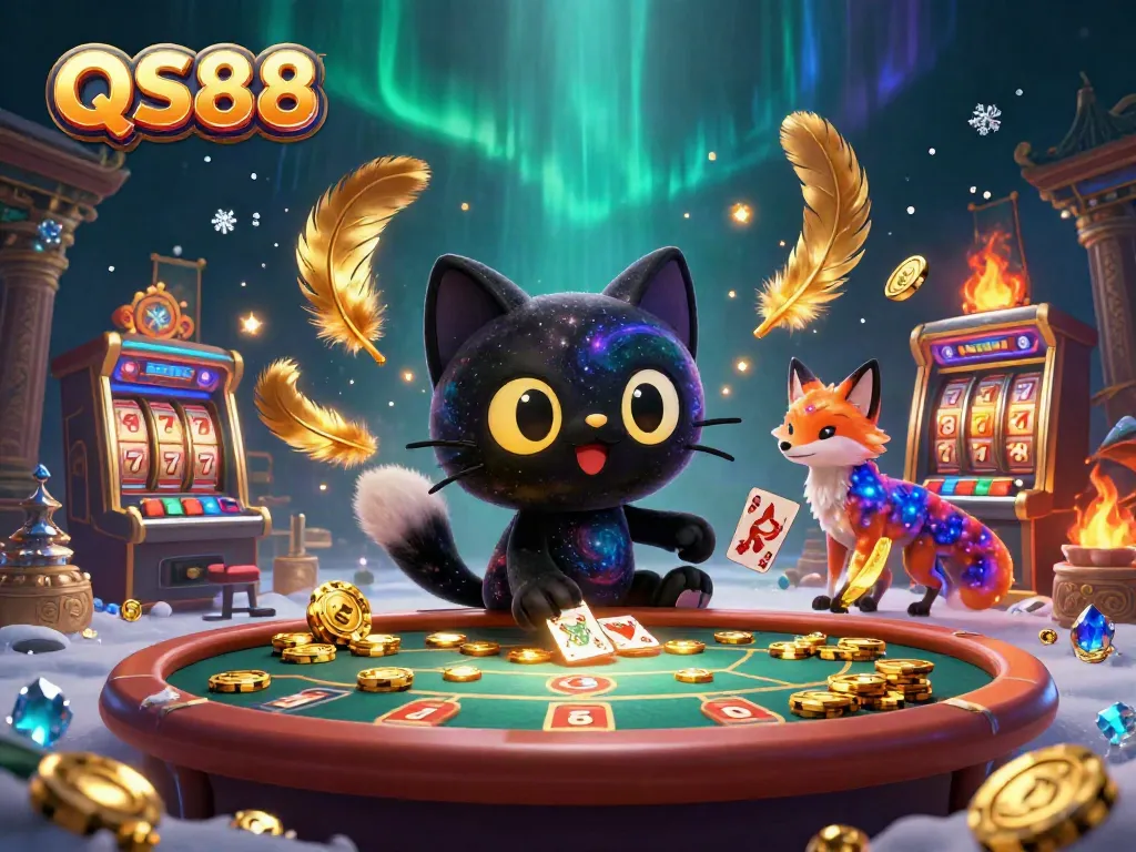 Experience the excitement of QS88 with a cosmic cat and nebula fox in a dynamic casino scene.