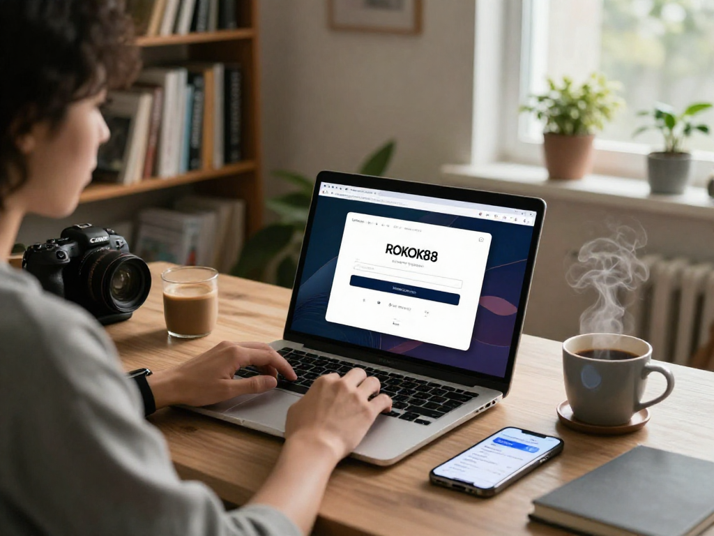 rokok88 login user accessing account on laptop in cozy home office