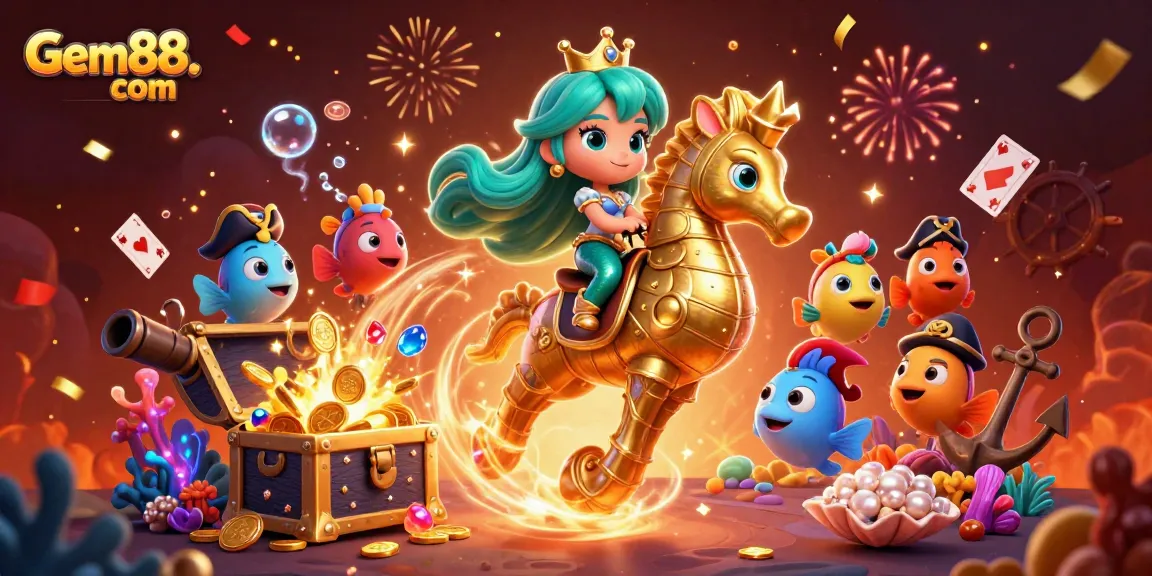 Join the excitement at Gem88. com with vibrant casino-themed underwater illustration.