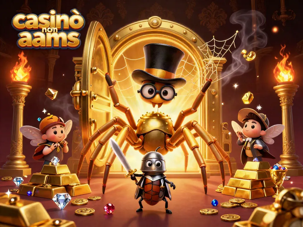 Scopri il casino non AAMS con un ragno dorato mentre crea trame d'oro tra i pilastri del casinò.
