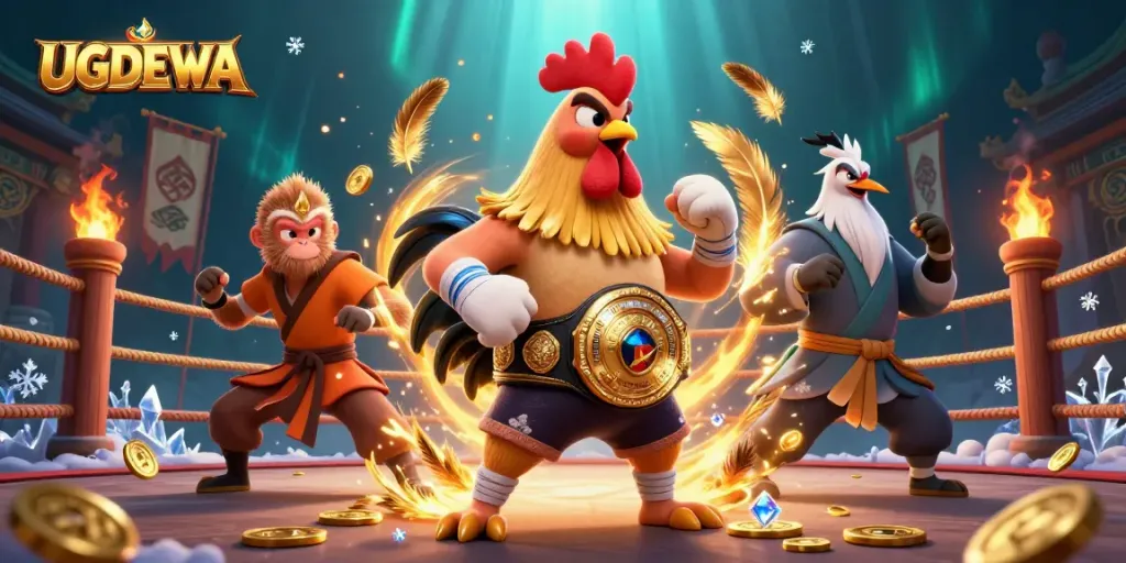 Win big at UGDEWA with the dynamic 3D scene featuring thrilling characters and vibrant casino elements.