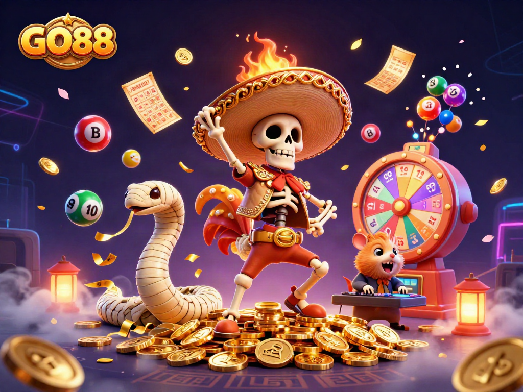 Experience the exciting world of GO88 with a vibrant casino-themed illustration showcasing dynamic characters and gaming elements.