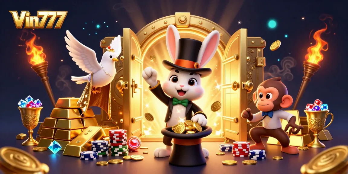 Vin777 showcases a 3D magician rabbit pulling golden coins; an enchanting gaming experience.
