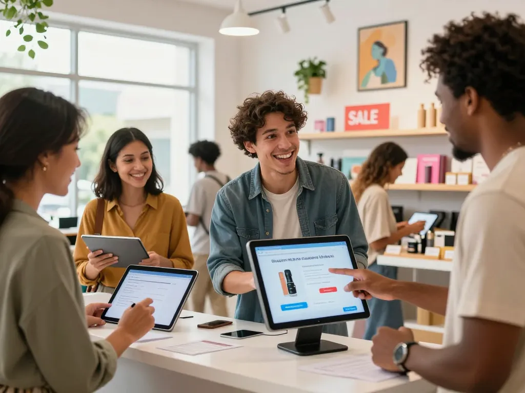Excited customers signing up for newsletter at https://hubet88.icu/ in vibrant retail space, showcasing exclusive offers.
