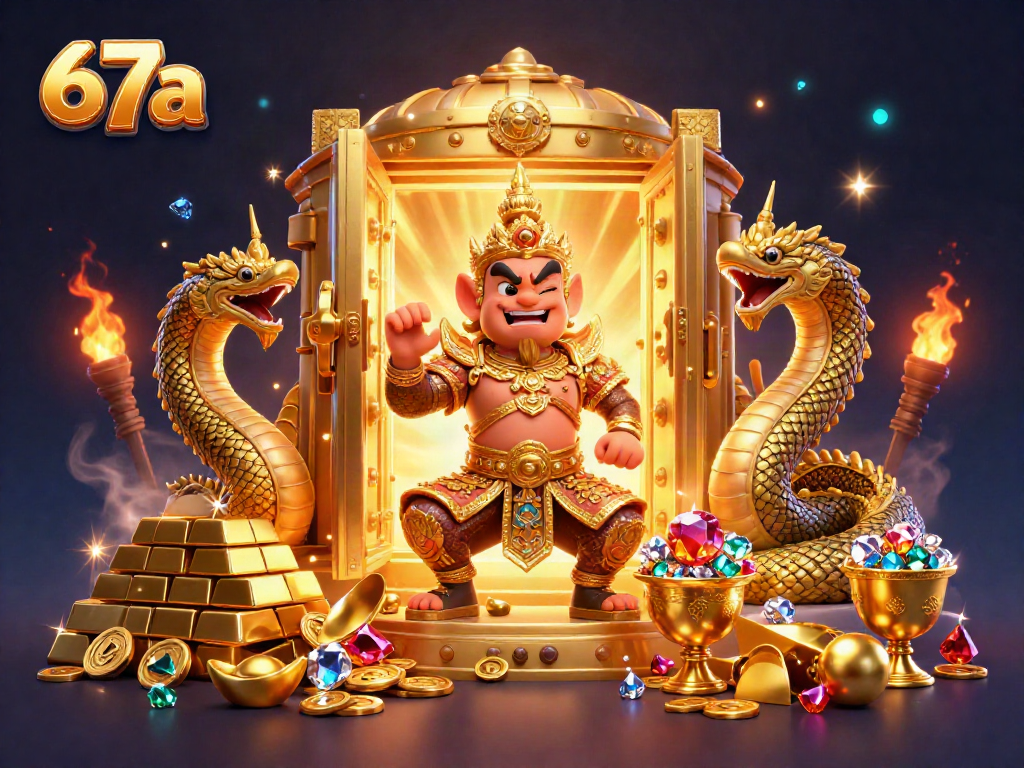 Experience thrilling wins at 67a with sparkling gems and golden treasures in this casino illustration.
