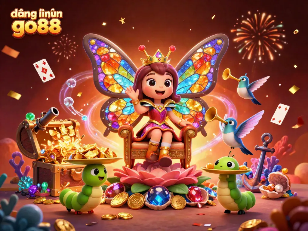 Experience thrilling action with đăng nhập go88 in a vibrant 3D casino adventure illustration featuring a butterfly queen and treasure.