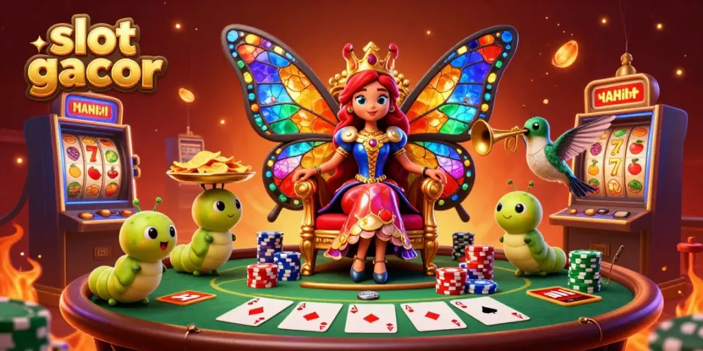 Engage in thrilling slot gacor games amidst a vibrant casino atmosphere featuring a butterfly queen.