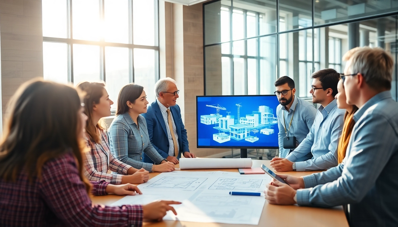 Engaging in construction advocacy, diverse professionals collaborating in a modern office setting.