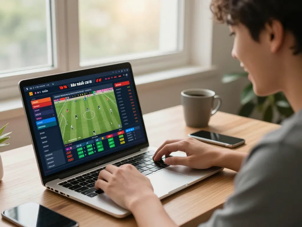Person analyzing kèo nhà cái on their laptop while tracking live sports betting odds at home.