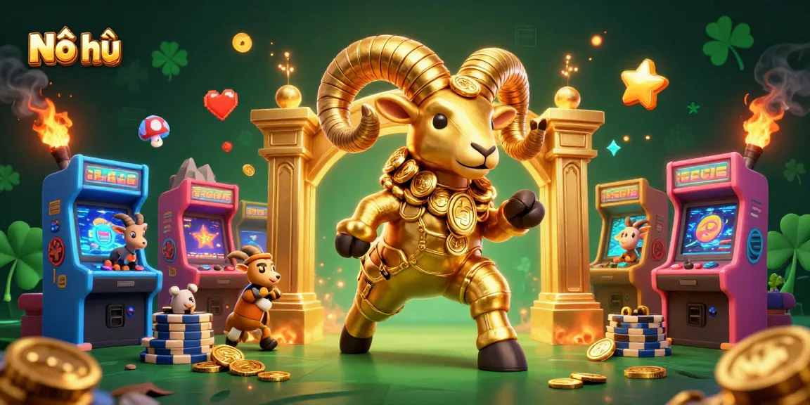 Nổ hũ showcases an extravagant 3D rendering of a golden ram charging at a casino entrance filled with vibrant gaming elements.