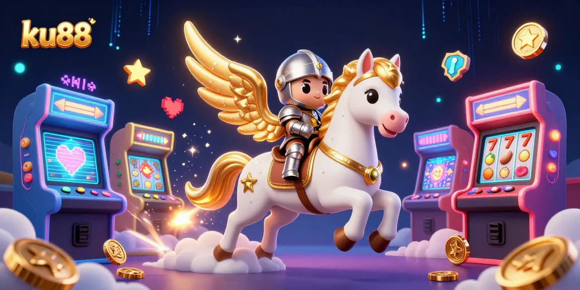 ku88 slot adventure with a celestial horse and knight amidst vibrant gaming elements.