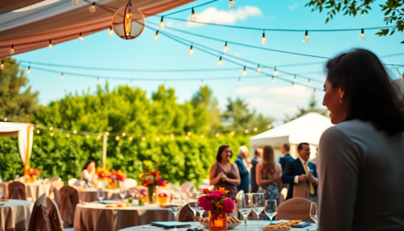 Vibrant outdoor party rentals showcasing guests enjoying a festive gathering in a beautifully decorated setting.