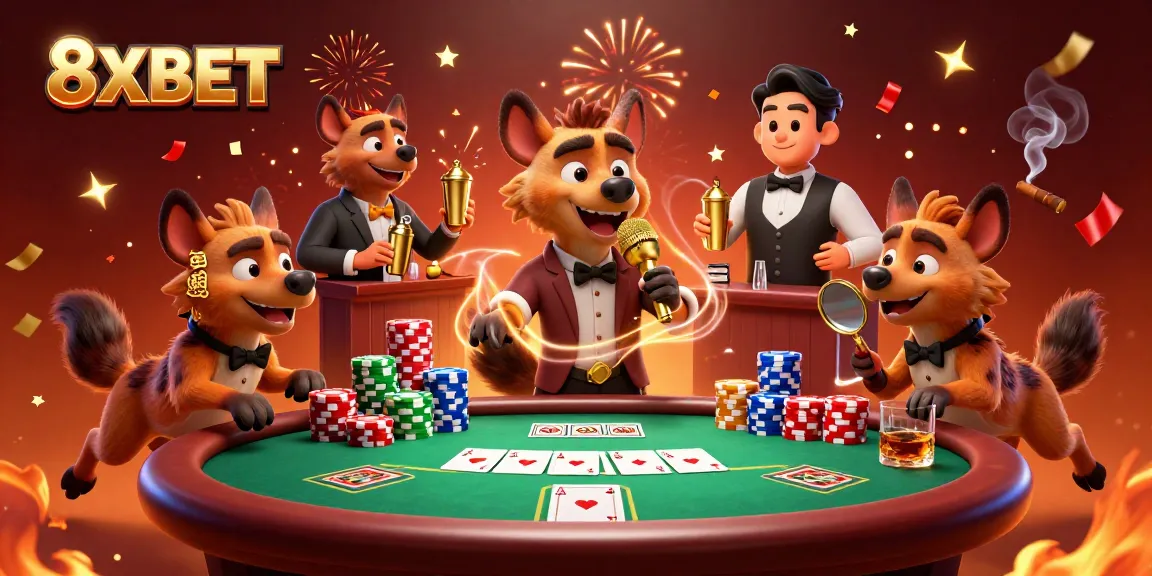 Experience fun and excitement at 8XBET's dynamic casino scene featuring hyenas enjoying poker and comedy.