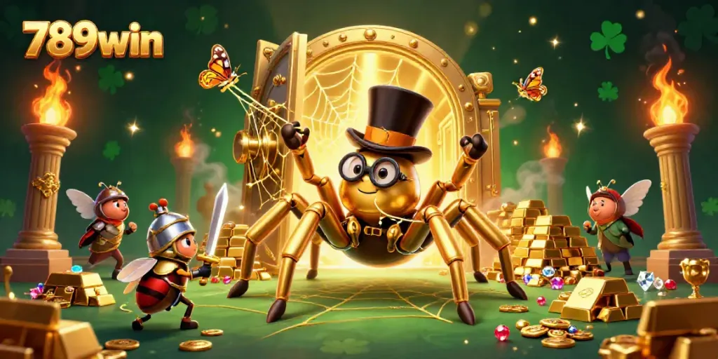 Experience the exciting atmosphere of 789win with a dynamic golden tarantula weaving a web of fortune.
