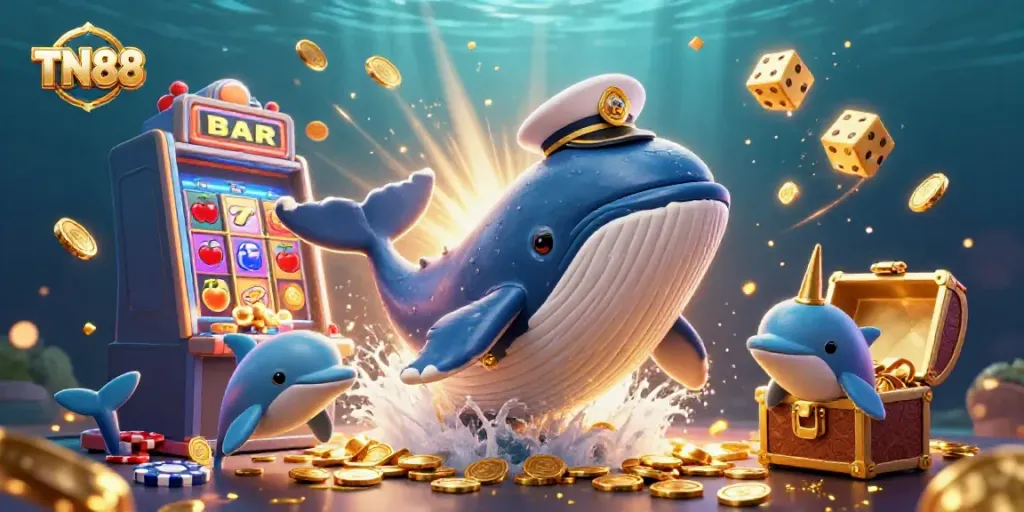 Catch winning jackpots with TN88's playful whale and casino-themed marine adventure.