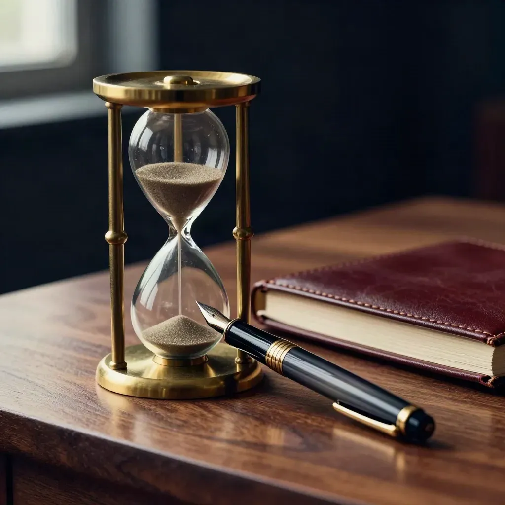 Brass hourglass, fountain pen, and leather notebook on walnut with dark bokeh