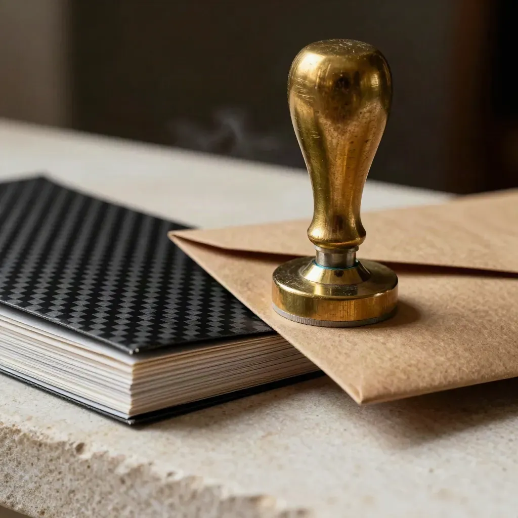 Brass stamp beside a sealed envelope and carbon receipt stack on pale stone